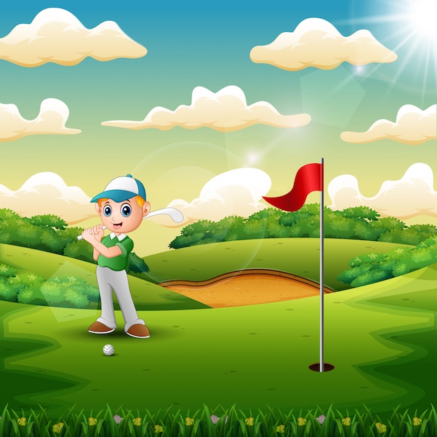 Gioioso un ragazzo che gioca a golf in campo