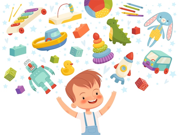 Vettore ragazzo allegro con diversi giocattoli che volano intorno. concetto bambino sogna di giocattoli per bambini. isolato su uno sfondo bianco.