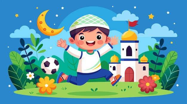 Вектор Радостный мальчик из мультфильмов играет в футбол у мечети ночью