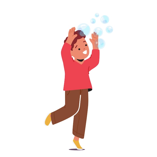 Радостный ребенок дует и гоняется за радужными мыльными пузырями, хихикая, когда они плывут по воздуху Персонаж мальчика создает волшебный и очаровательный игровой опыт Векторные иллюстрации мультяшных людей