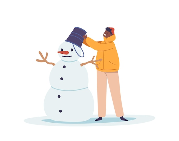 Vector joyful child character sculpting a snowman with carrot nose and bucket hat frosty smiles and rosy cheeks a magical moment of innocence in the snowy playground cartoon people vector illustration
