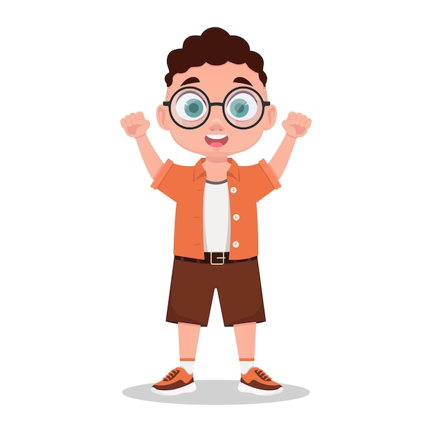 Joyful child. Cheerful boy with glasses. Vector illustration