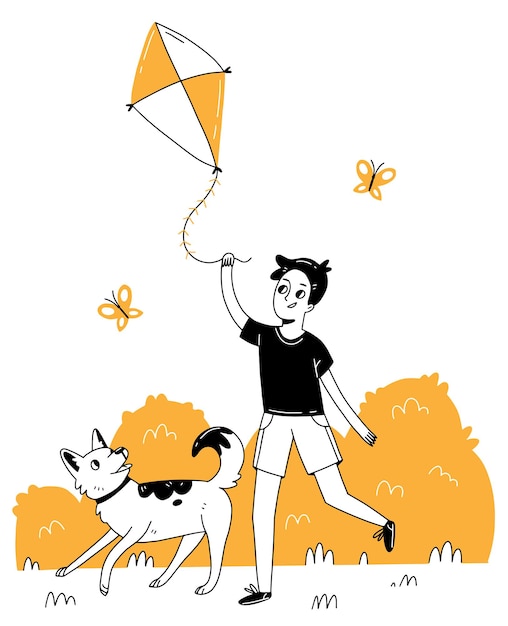 Vector a joyful child plays with a kite and a dog. vector illustration with a boy in a linear doodle style.