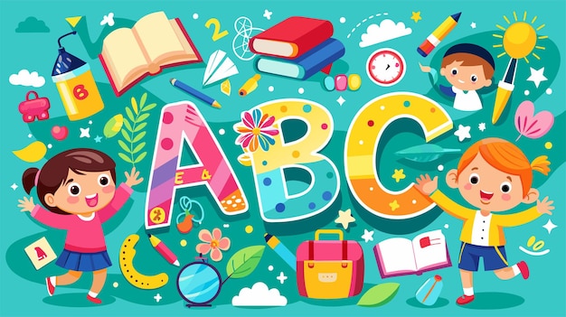 Bambini gioiosi che imparano con illustrazioni colorate di lettere abc