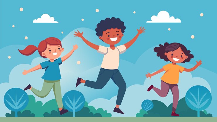 Vector joyful children playing outdoors in a park vector illustration