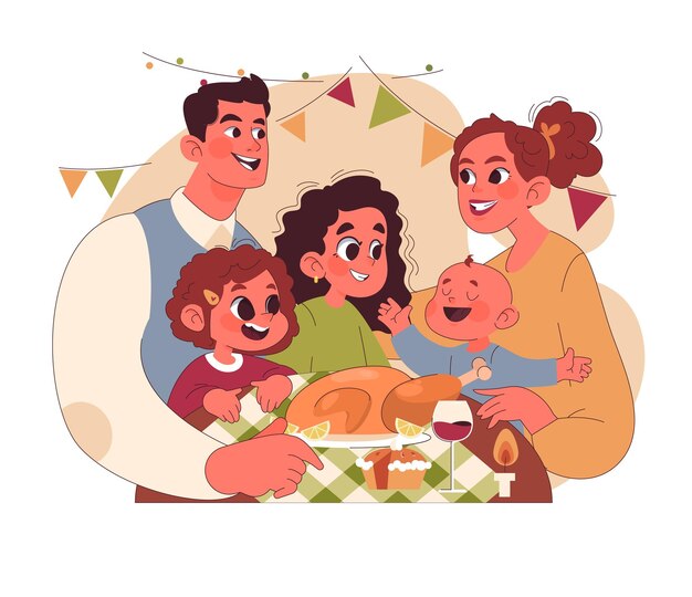 ベクトル 楽しい家族が感謝祭を祝う アメリカの祝日 夕食を食べて 幸せな子供たちを集める