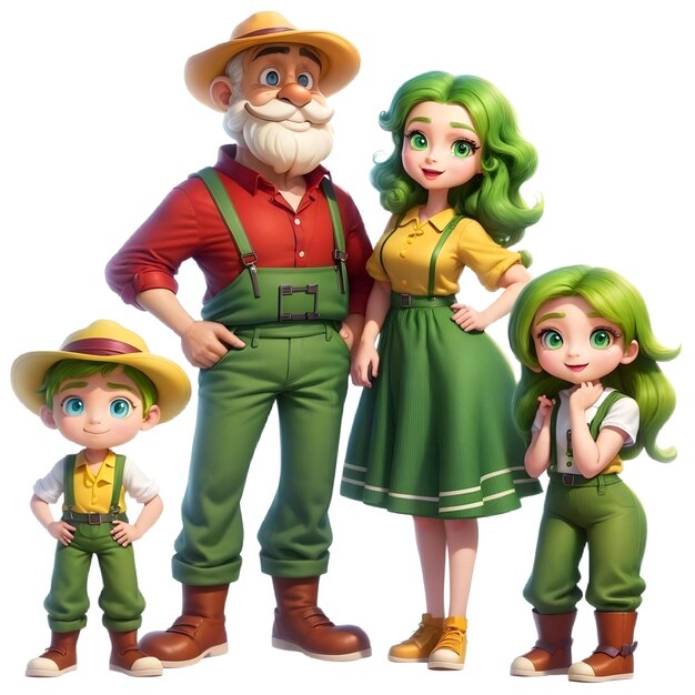 Vettore gioiosa famiglia di contadini in stile con una ragazza e occhi verdi