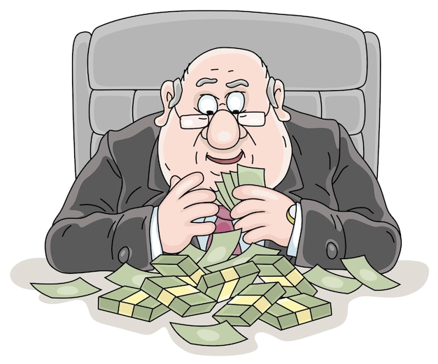 Вектор Радостный толстый коррумпированный чиновник сидит за своим офисным столом и считает деньги, полученные за взятку