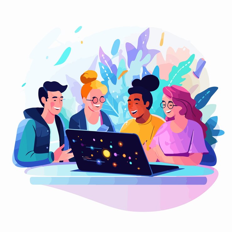 Vector joyful friends enjoying video viewing together