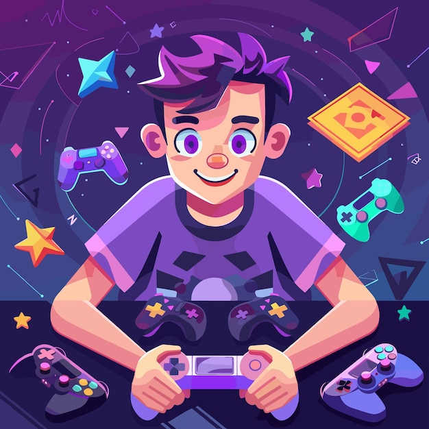 Vector joyful gamer boy playing video games vector cartoon illustration of a young man playing video games