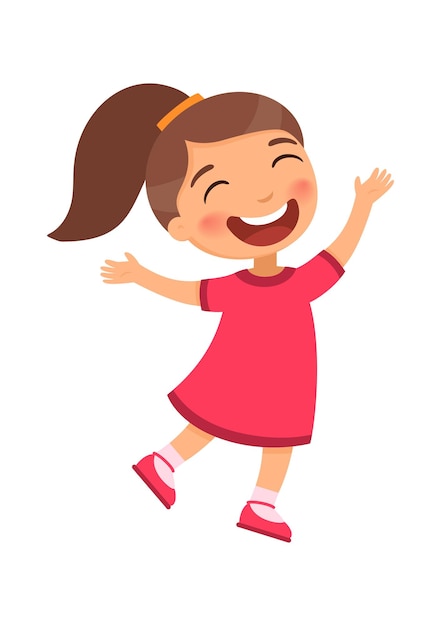 Joyful girl jumps or dances with her hands up a wide smile and eyes closed with happiness