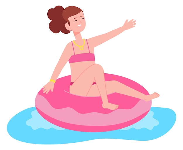 Vector joyful girl swimming on inflatable donut kid safety in water