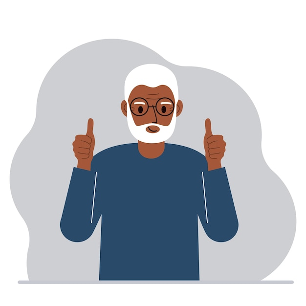 Vector joyful grandfather, with two hands shows a thumbs up sign everything is okay. make, consent, approval, success.