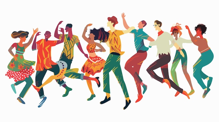 Vector joyful group of friends dancing together outdoors