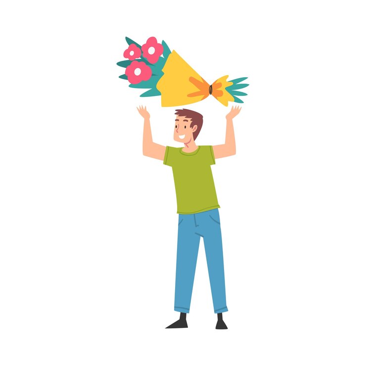 Vector joyful guy holding festive gift bouquet of flowers over his head happy person with holiday symbol happy birthday concept cartoon style vector illustration