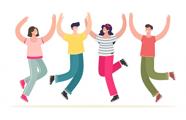 Joyful guys and a girl are jumping. illustration in cartoon flat style.