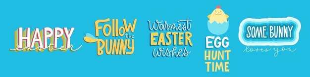 Vector joyful happy easter handdrawn colorful lettering set