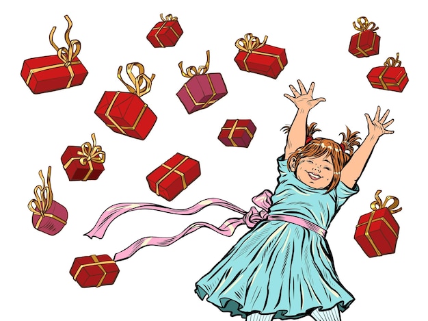 Joyful happy girl red gift boxes birthday or christmas background