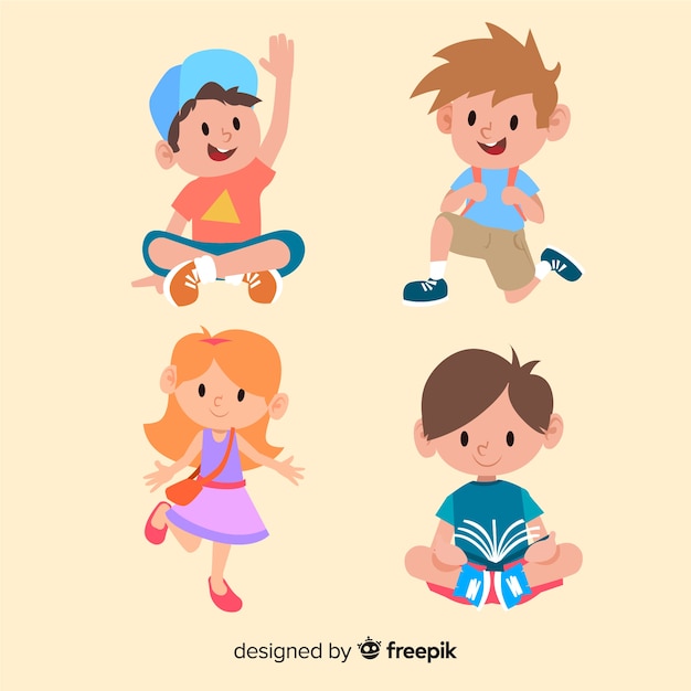 Joyful kids characters studying and playing