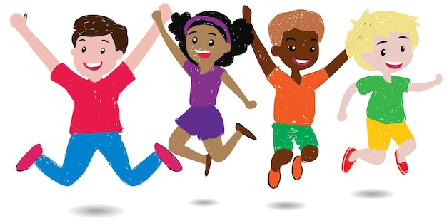 Bambini gioiosi che saltano illustrazione vettoriale di ragazzi e ragazze attivi che mostrano diverse pose