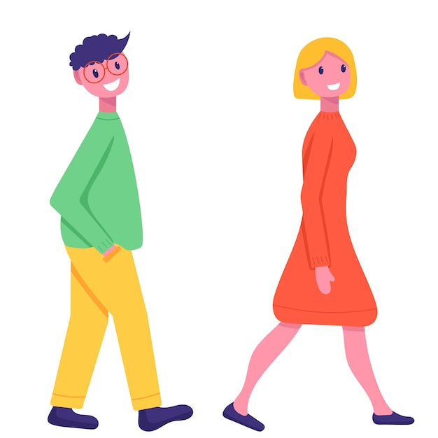 ベクトル 白い背景のベクトル上で平らなスタイルで歩いている喜びの男性と女性