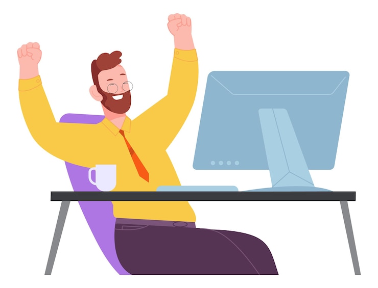Vector joyful man at computer desk work success concept isolated on white background