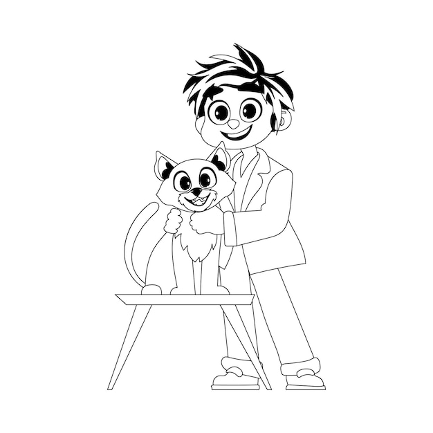 Vector a joyful man who likes and cares for animals like a cute cat childrens coloring page