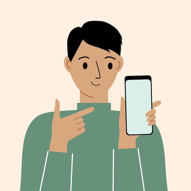 휴대 전화, 전면 보기와 함께 즐거운 남자입니다. 그녀의 손가락이 전화 화면을 가리킵니다. 스마트폰과 인터넷 중독.