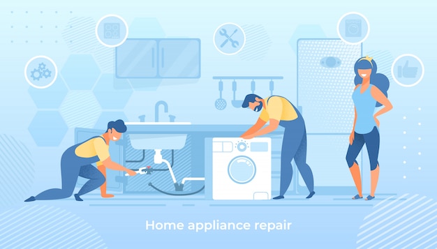 Joyful men characters fixing broken home technics illustration