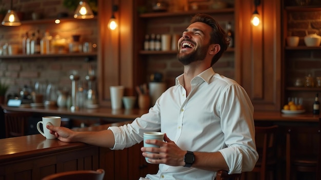 Joyful Moment at the Bar Man Laughing Coffee Cups