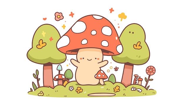 喜びに満ちたキノコは想像力のある森に囲まれて祝いに腕を広げています