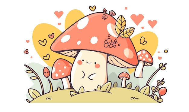 Vector a joyful mushroom with its arms spread in jubilation surrounded by an imaginative forest