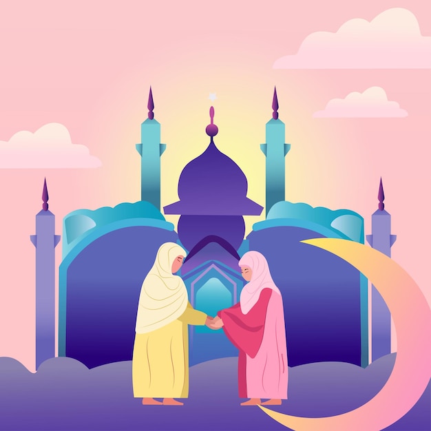 Вектор Радостные мусульманки празднуют вместе, обмениваются подарками и поздравляют