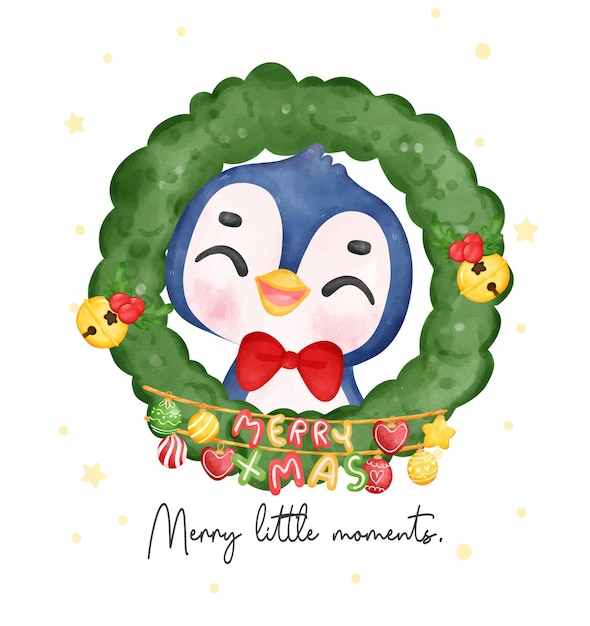 Joyful Penguin Celebrating Christmas in a Festive Wreath Merry Christmas little moment Watercolor Cartoon Exciting Smiles and Cheerful Holiday Vibes Perfect for Cards Invitations and Decorations