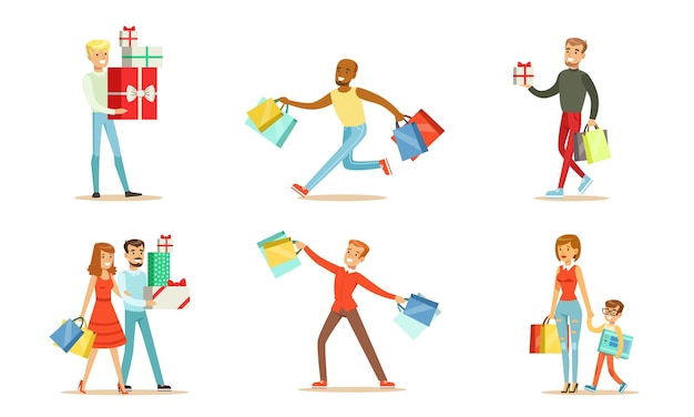 Joyful people with shopping in bags and boxes Vector illustration