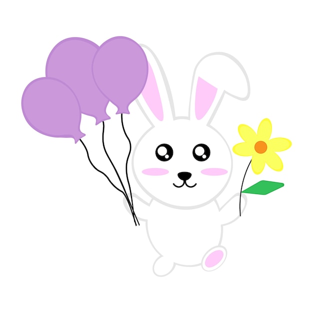 Joyful rabbit with balloons and a flower