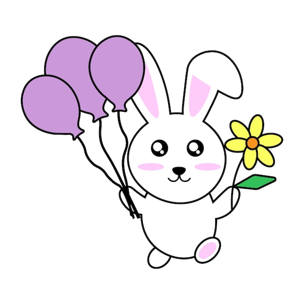 Joyful rabbit with balloons and a flower