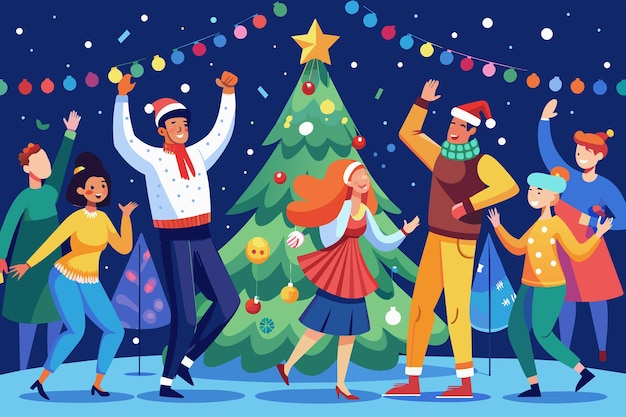 A joyful scene of people singing and dancing around a christmas tree with twinkling lights and festive decorations adding to the merriment