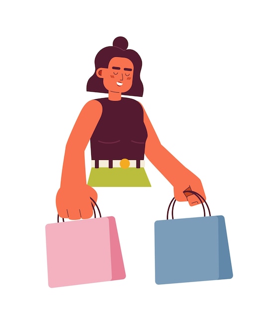 Vector joyful shophocolic semi flat color vector character latina woman with shopping bag editable half body person on white simple cartoon spot illustration for web graphic design