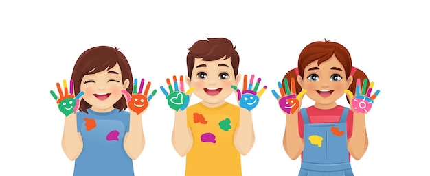 Vector joyful smiling kids boys and girls showing painted hands isolated vector illustration multiethnic