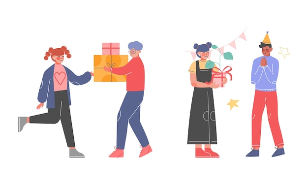 Joyful teen boy and girl celebrating birthday giving gift box vector set