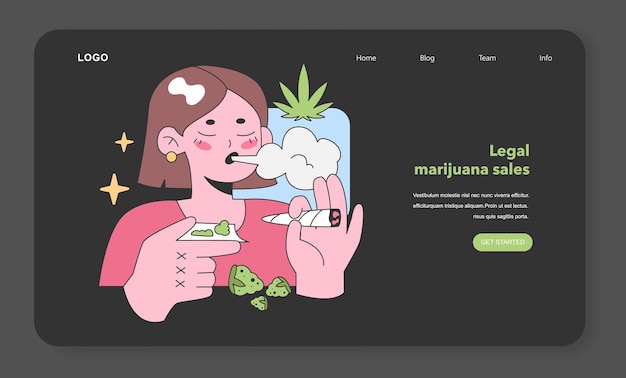 Joyful woman enjoying cannabis holding joint and marijuana bud with puff of smoke and leaf backdrop