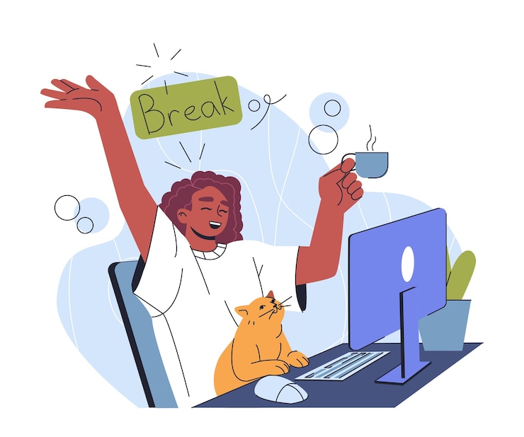 Vector コーヒーカップとフラットグラフィックで仕事から休憩をとっている猫を抱いたデスクの喜びの女性