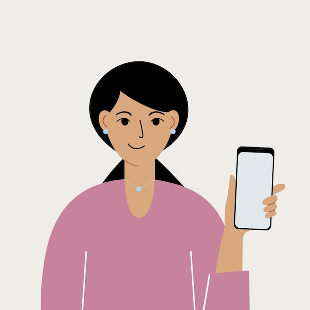 Joyful woman with mobile phone, front view. Taking pictures, reading, chatting. Smartphone and internet addiction. Vector illustration.