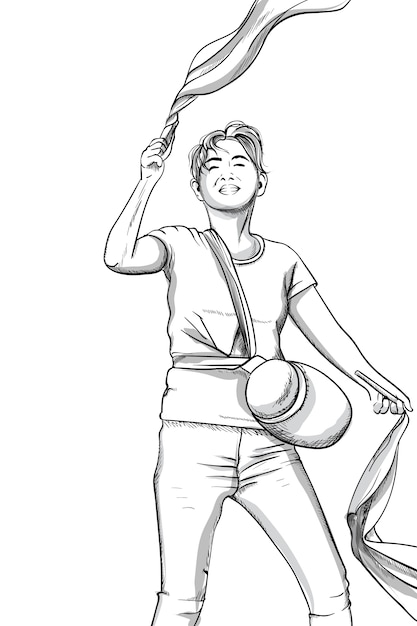 Joyful young man dancing with pom poms. Gym bag. Line art