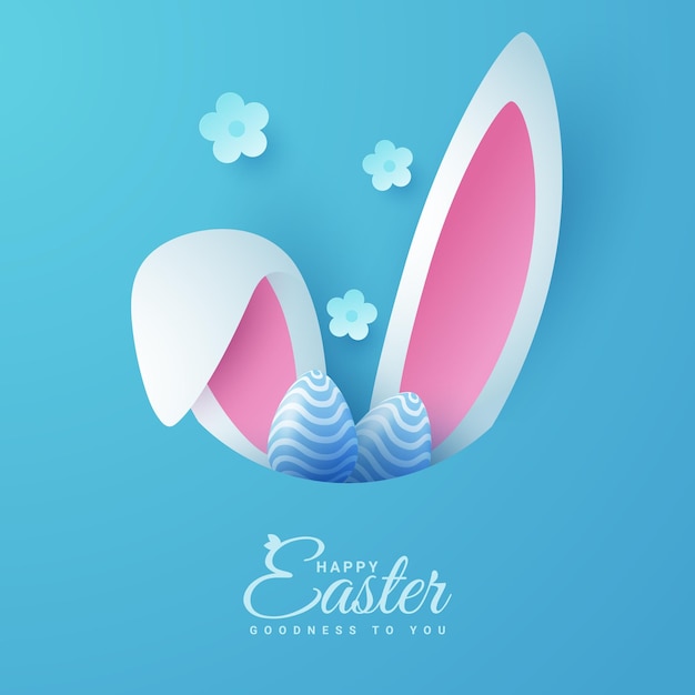Радостный Пасхальный праздник с яйцами, кроличьими ушами и цветами на живом фоне и бумаге