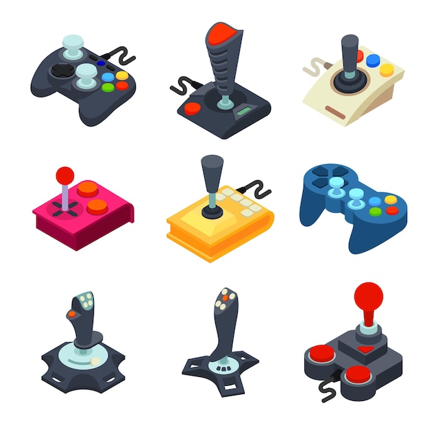 Joystick icons set. Isometric set of joystick  icons for web design isolated on white background