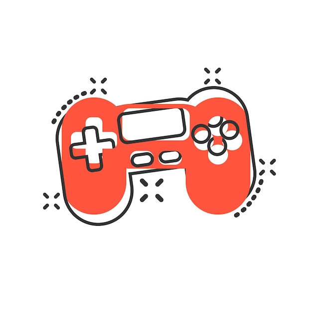 Joystick sign icon in comic style Gamepad vector cartoon illustration on white isolated background Gaming console controller business concept splash effect