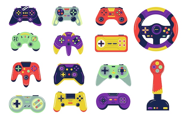 Joysticks Cartoon controllers for video gaming Colorful gamepads control character and transport or aircraft Isolated wireless devices with buttons Vector gadgets set for games