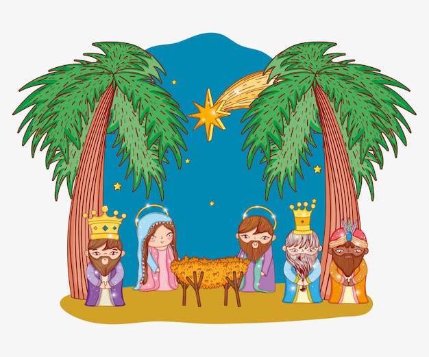 Vector jozef en maria met drie koningen en wieg